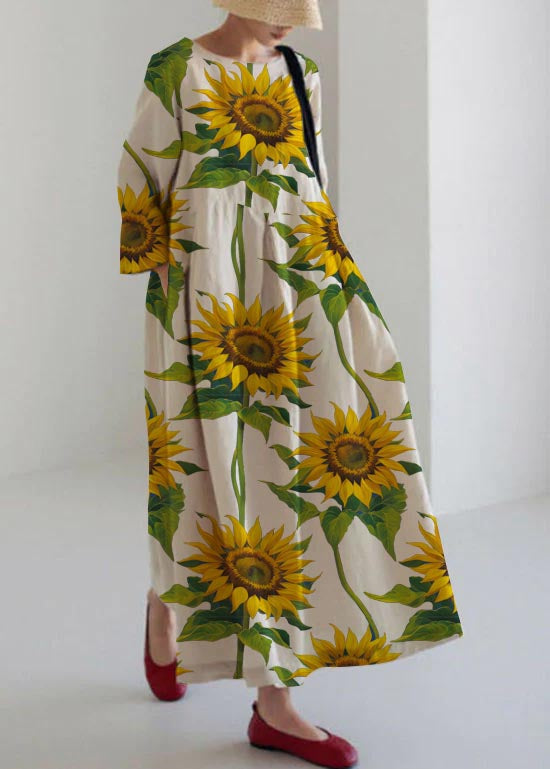 Deniva - Apricot and purple flower Cotton dresses Patchwork pockets Spring