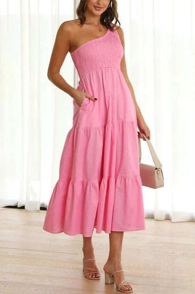 Alivia - Asymmetrical off-the-shoulder midi dress with pockets