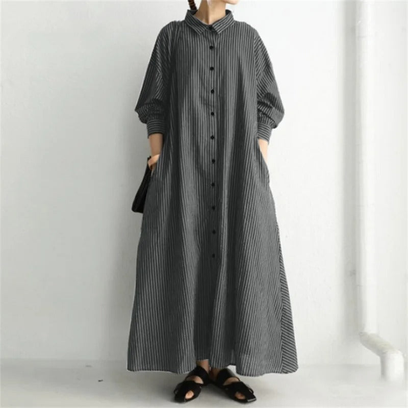 Twyla - Bohemian pink striped dress with long sleeves and button closure.