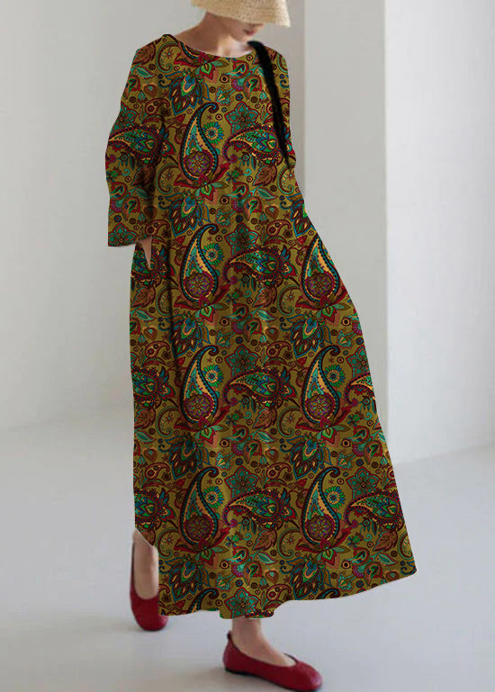 Deniva - Apricot and purple flower Cotton dresses Patchwork pockets Spring