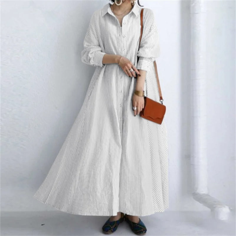 Twyla - Bohemian pink striped dress with long sleeves and button closure.