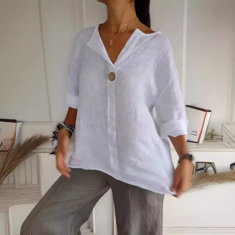 Charlotte | Stylish V-Neck Long Sleeve Cotton-Linen Blouse