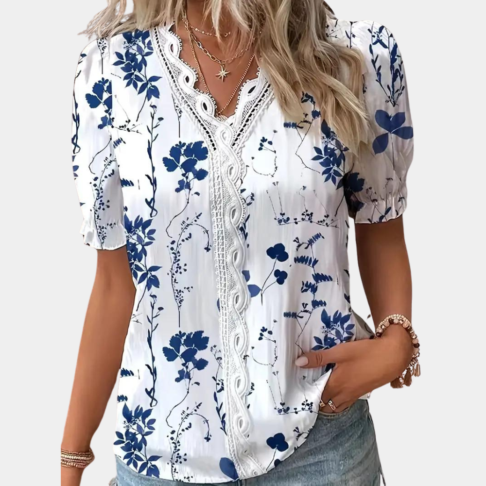 Zuzanna - Women's floral blouse with lace trim.