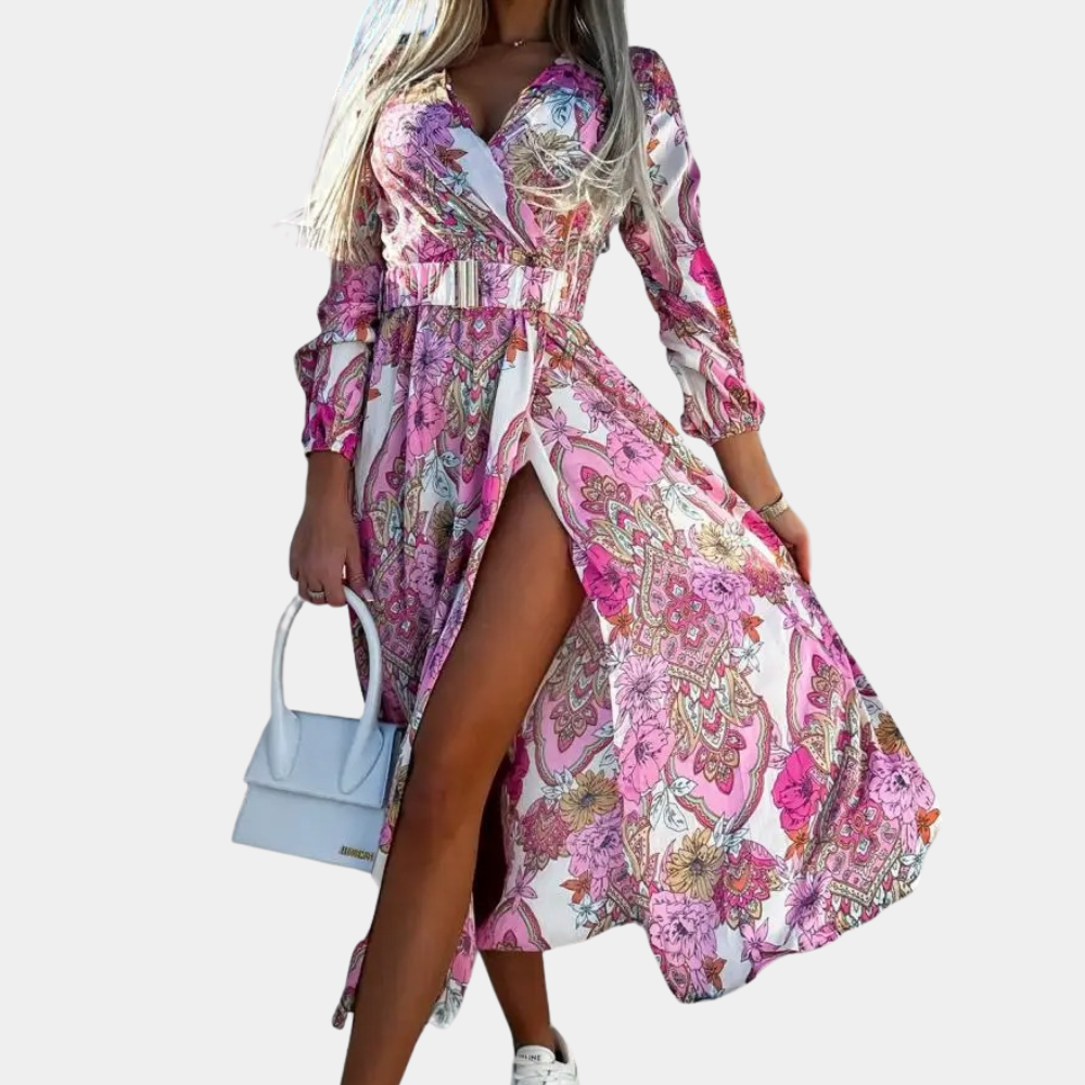 Women's long dress with slit and belt