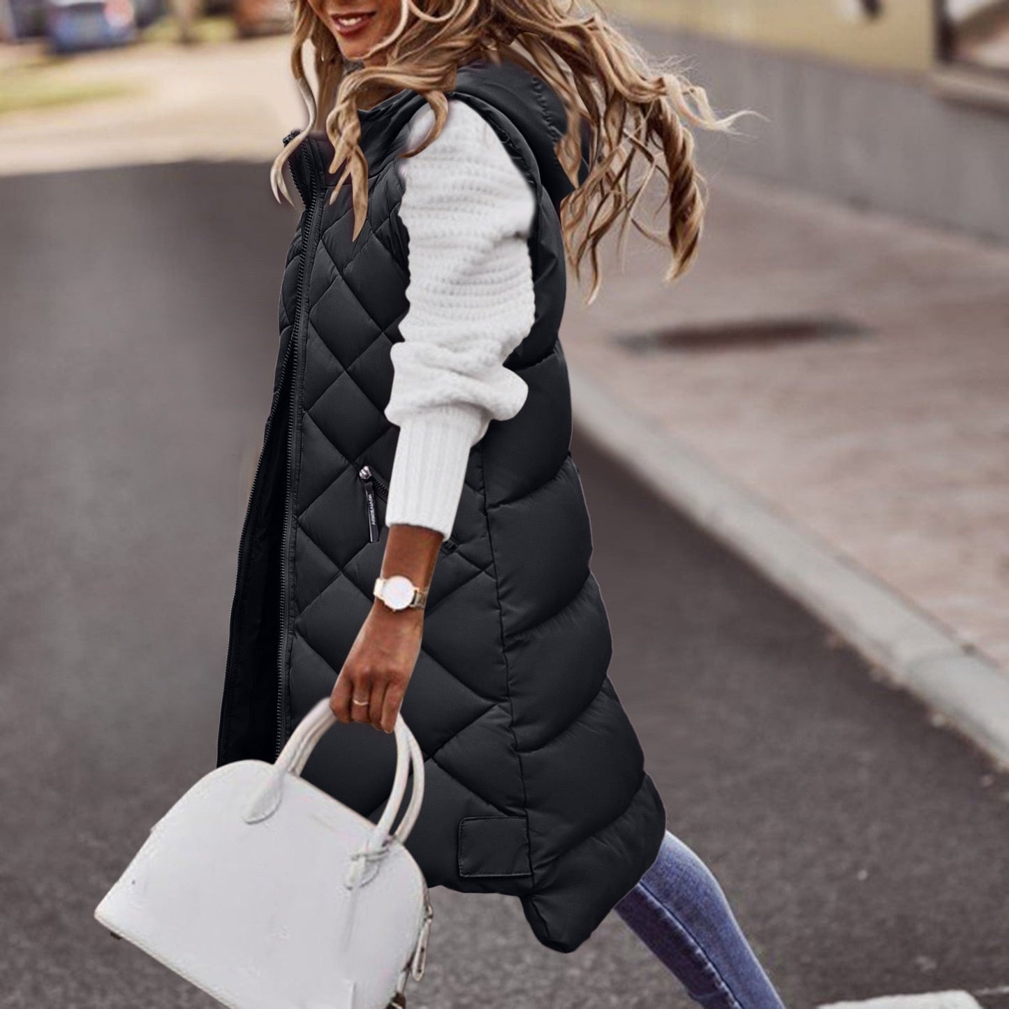 Loavies bodywarmer | Long Puffer style hooded bodywarmer for women