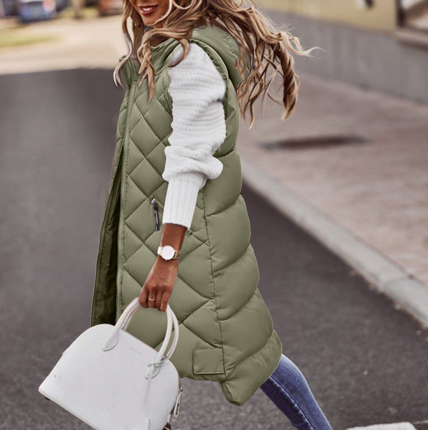 Loavies bodywarmer | Long Puffer style hooded bodywarmer for women
