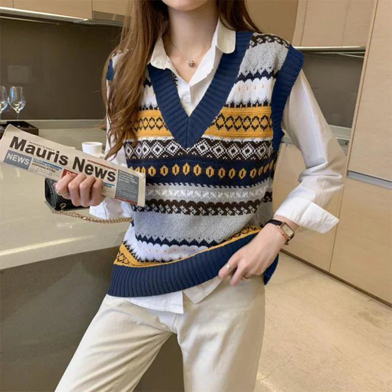 Sleeveless knitted vest with geometric patterns - Venna
