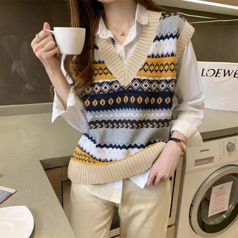 Sleeveless knitted vest with geometric patterns - Venna
