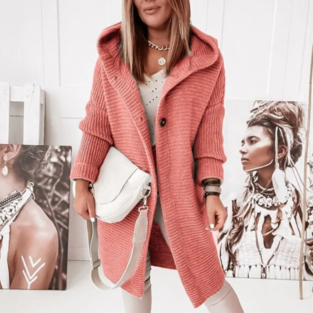 Knitted cardigan with buttons and hood