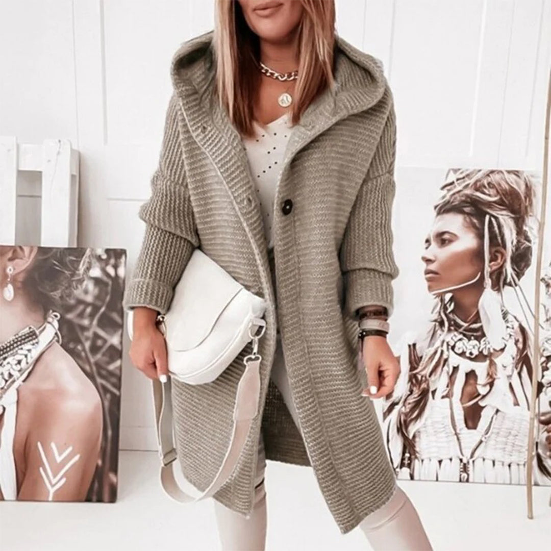 Knitted cardigan with buttons and hood