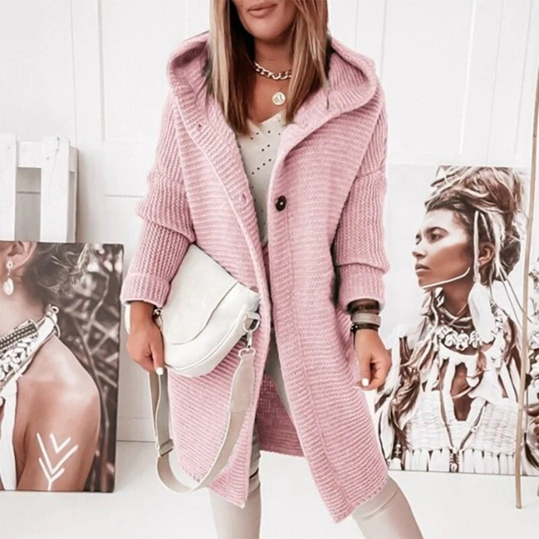 Knitted cardigan with buttons and hood
