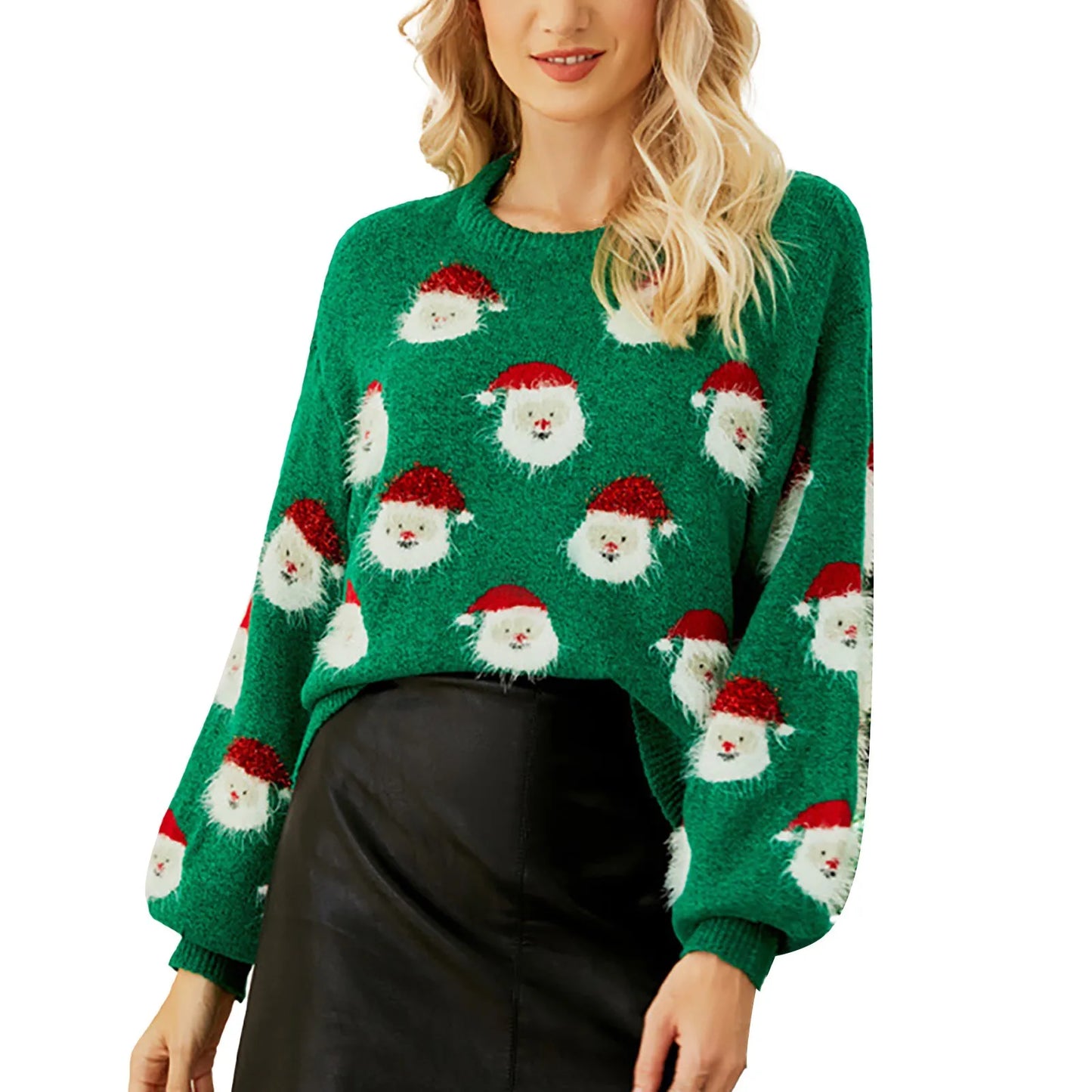 Klara - Warm knitted sweater with round neckline and Santa Claus head patchwork for women