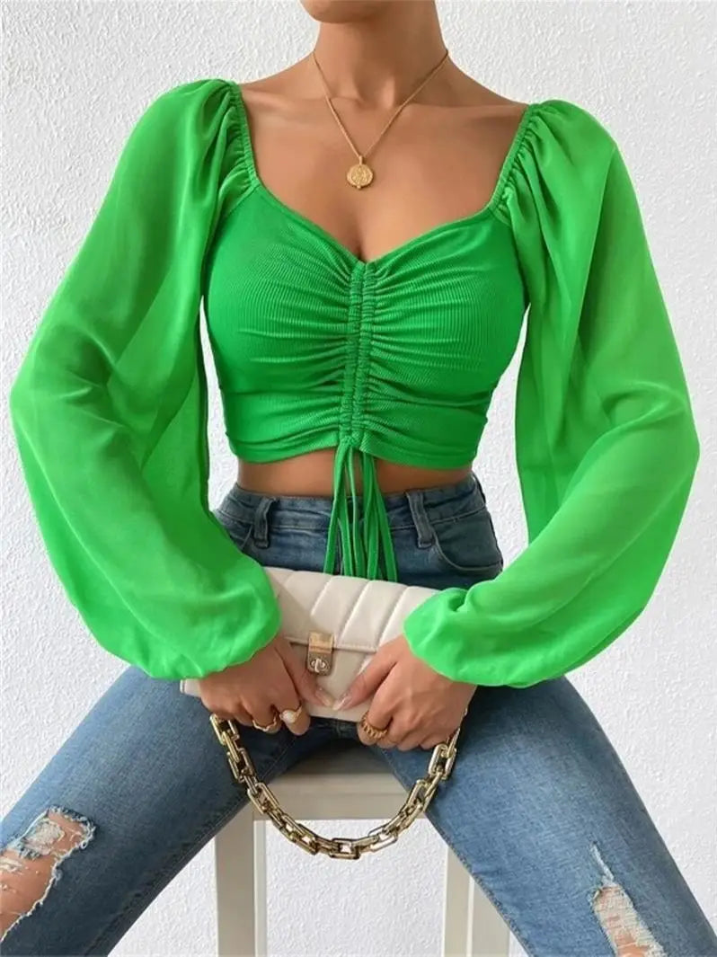 Ruth | Elegant Gathered Long Sleeve Crop Top for Spring