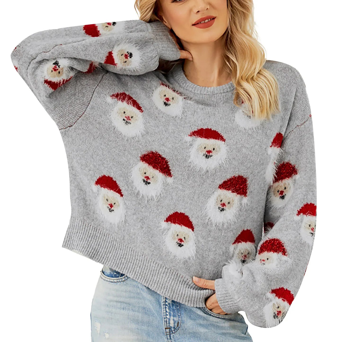 Klara - Warm knitted sweater with round neckline and Santa Claus head patchwork for women