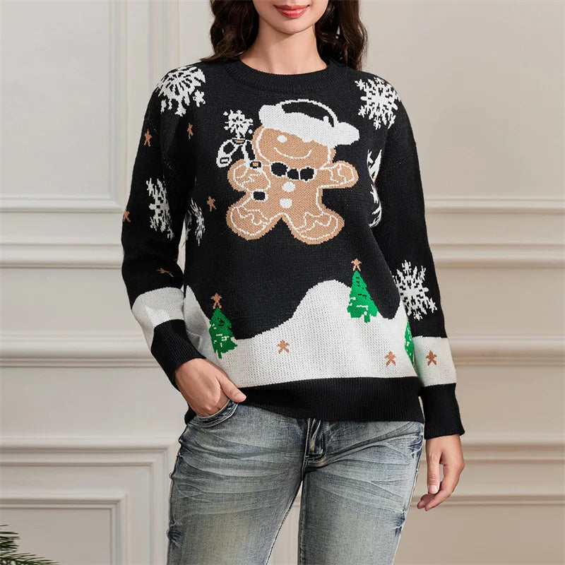 Claudia - Warm knitted sweater with a round neckline and snowflakes and gingerbread print for women