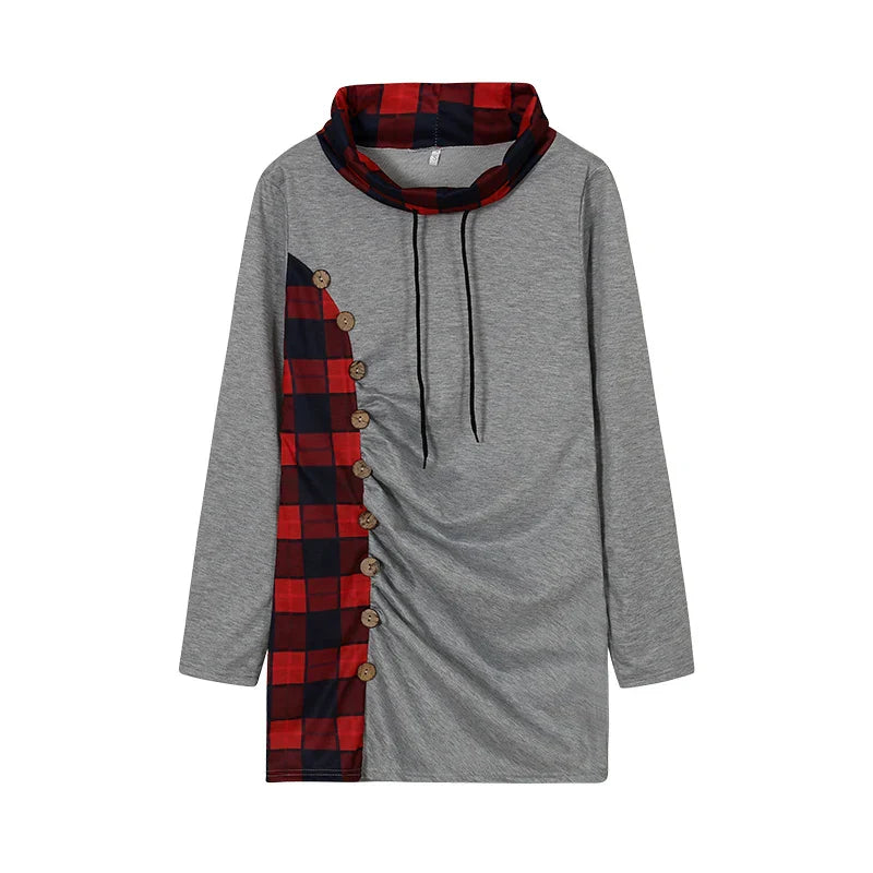 Lilac hip hoodie with plaid button for women