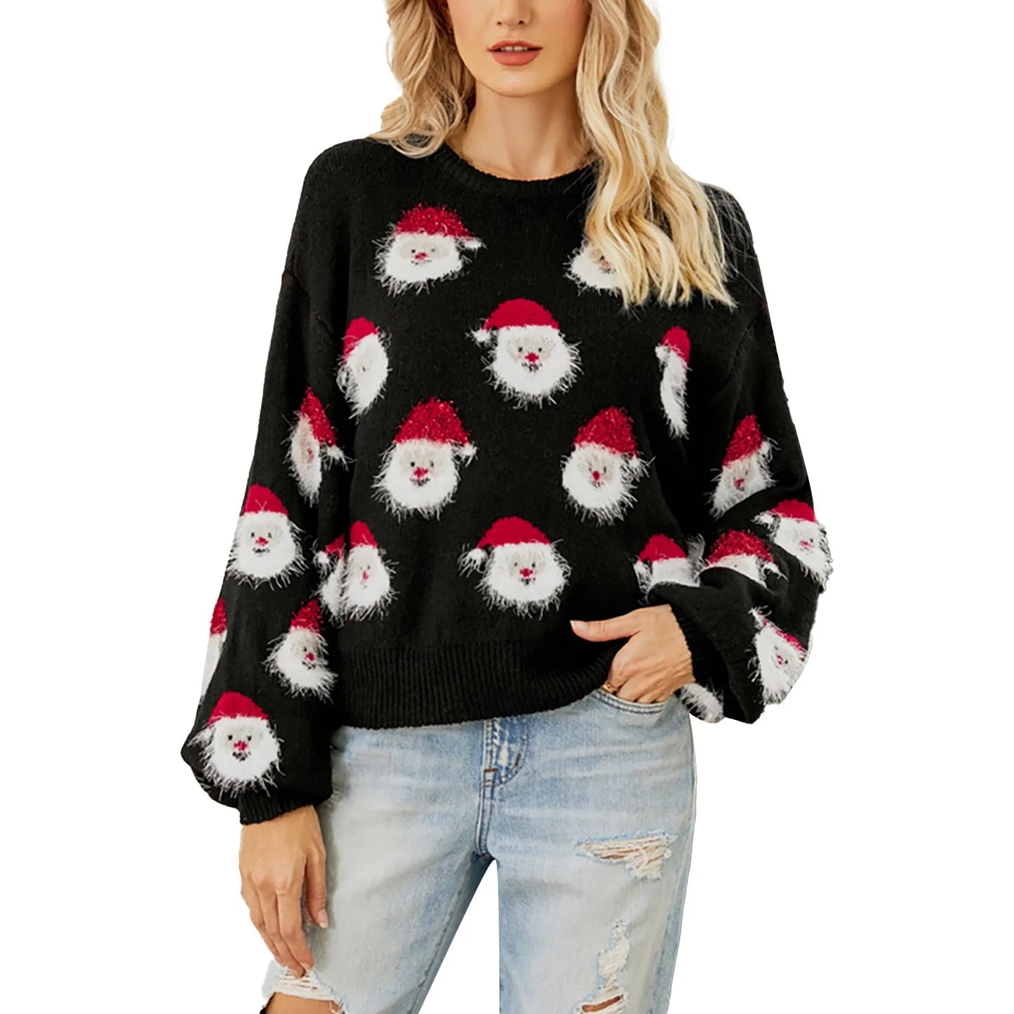 Klara - Warm knitted sweater with round neckline and Santa Claus head patchwork for women