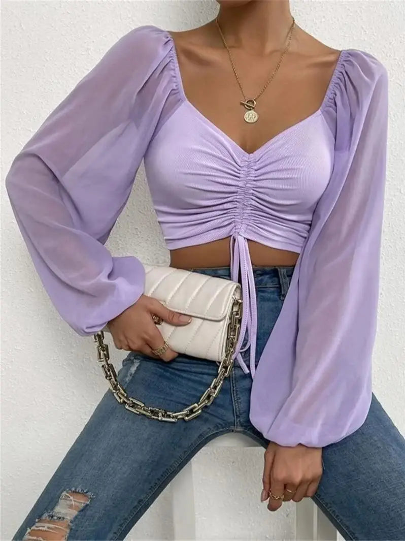Ruth | Elegant Gathered Long Sleeve Crop Top for Spring