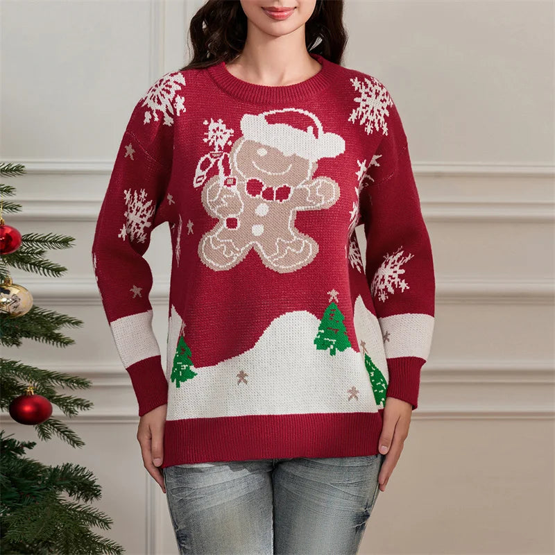 Claudia - Warm knitted sweater with a round neckline and snowflakes and gingerbread print for women