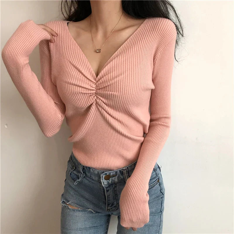 Melina - Sexy knitted sweater with V-neck for women