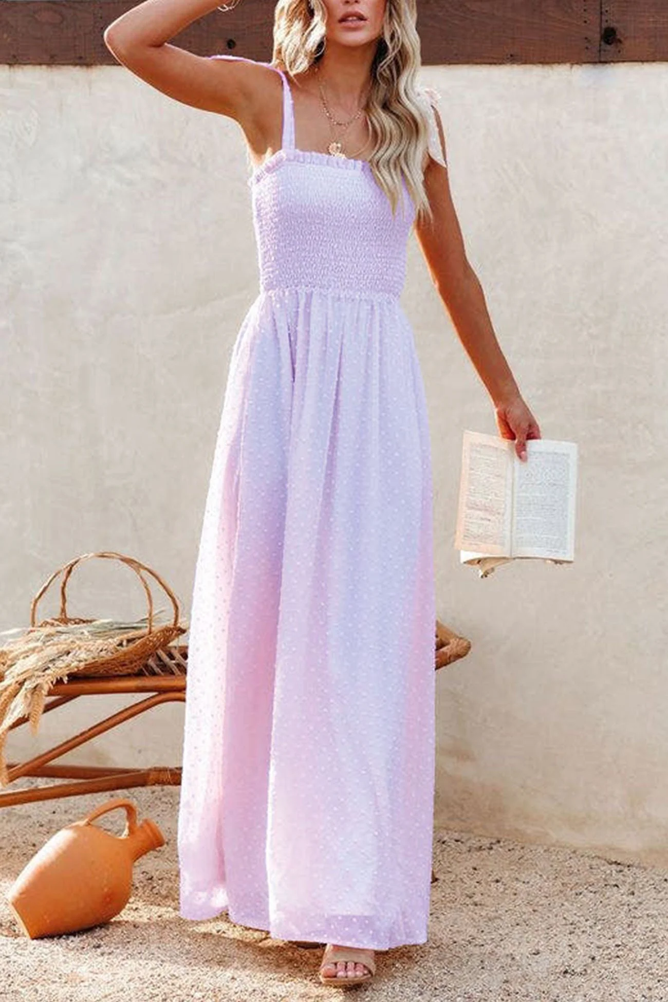 Cosette - jacquard dress with slit, smocking and bow ties