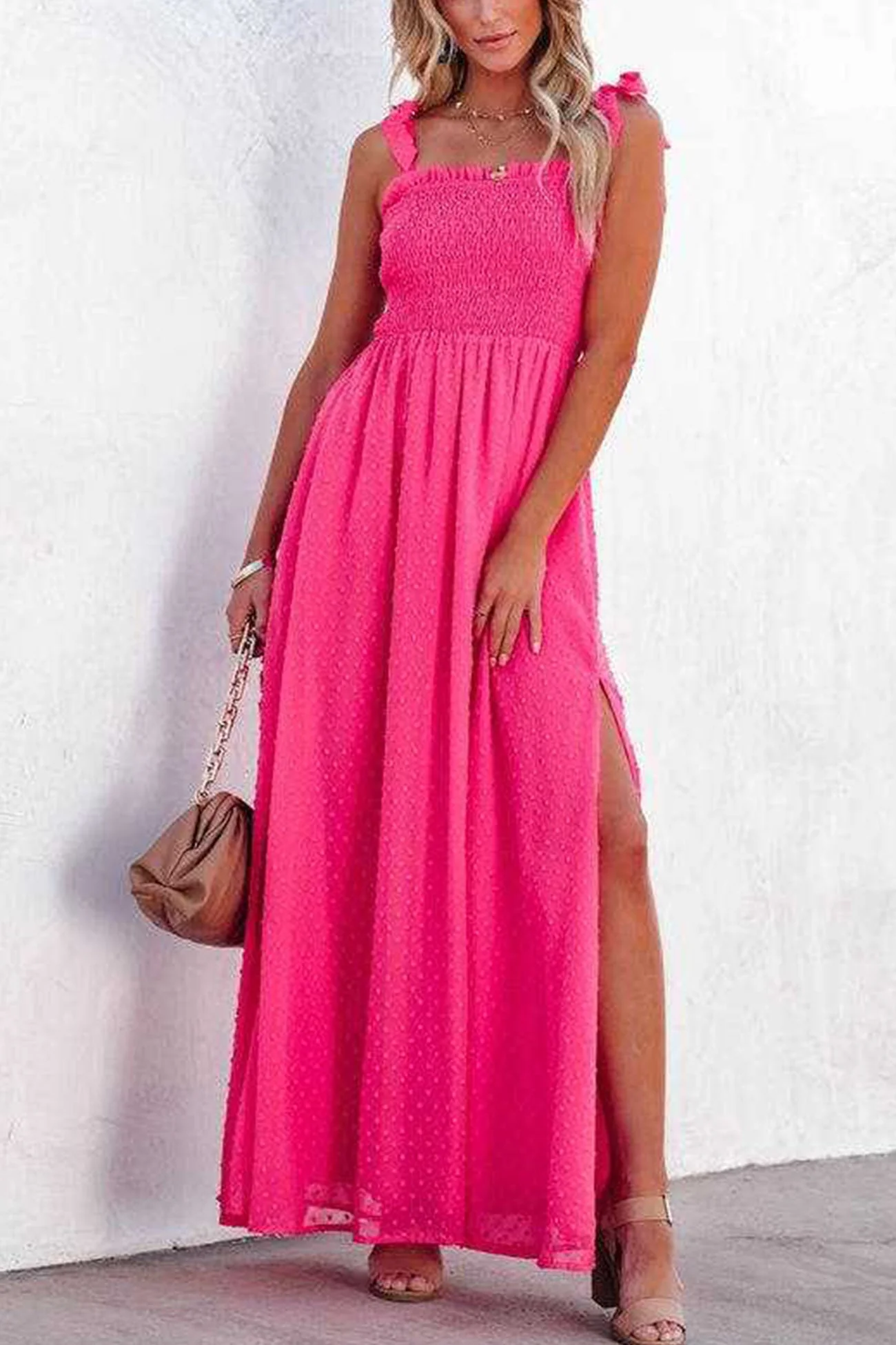 Cosette - jacquard dress with slit, smocking and bow ties