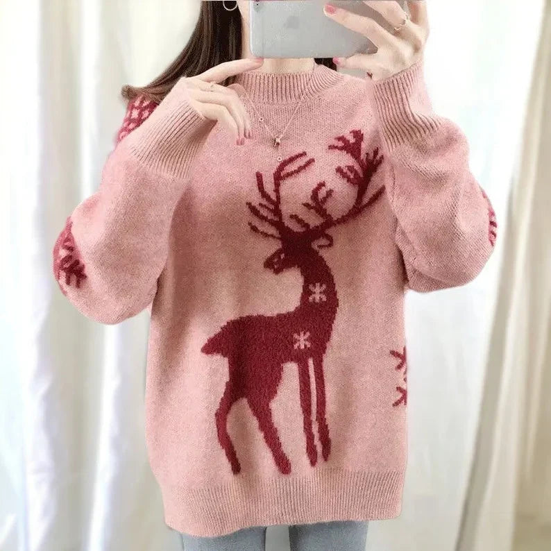 Isabell - Warm knitted sweater with round neckline and deer and snowflake print for women