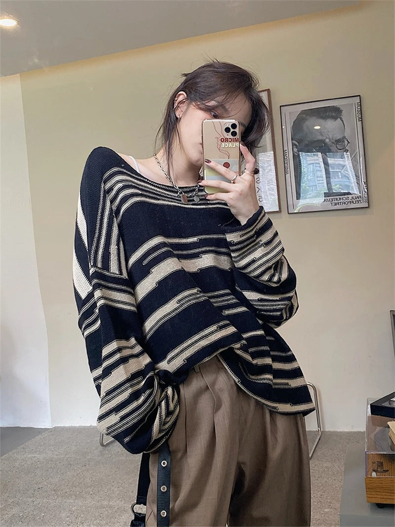 Belinda - Striped knitted sweater with patchwork and loose fit for women