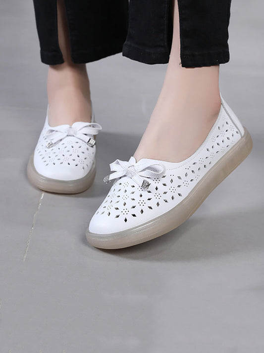 | Women Casual Summer Solid Cutout Leather Flat Shoes
