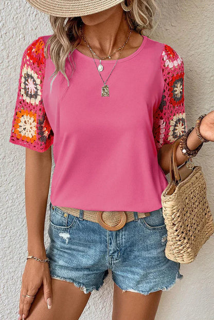 Hanna - Crochet short-sleeve top with flower print