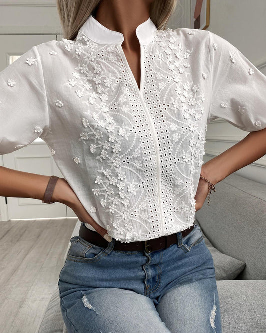 Diana - Women's lace blouse, high neckline, V-neck