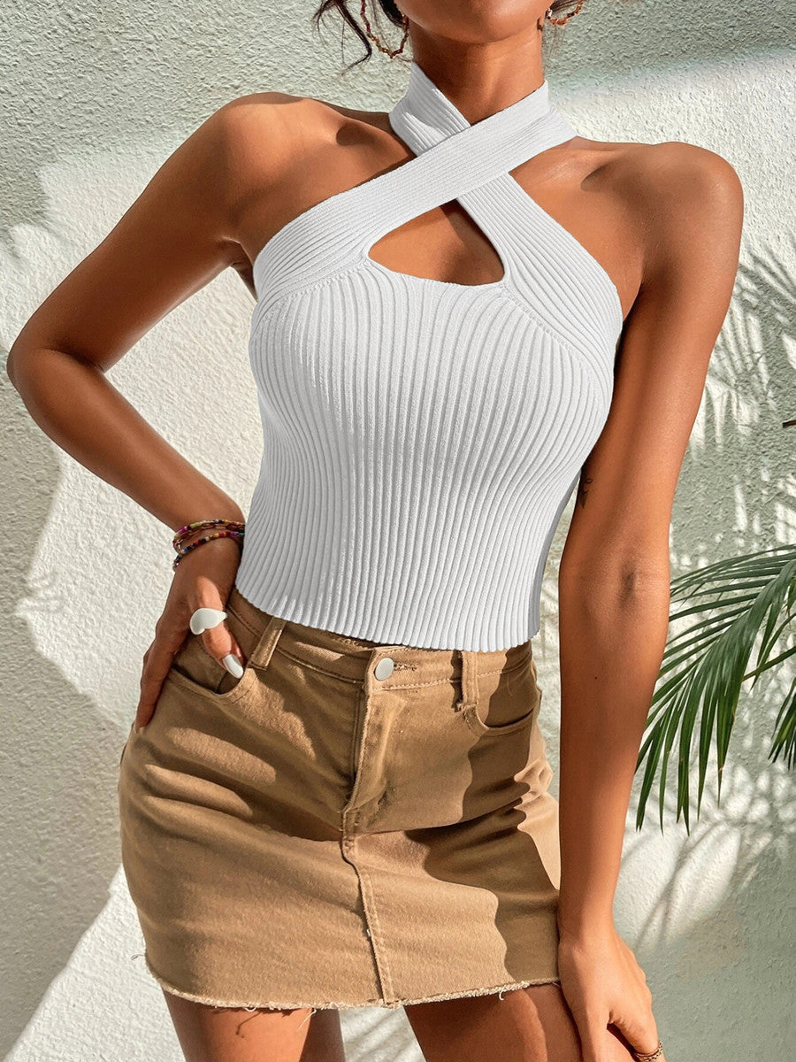 Anny - Rib knit halter top with heart-shaped cross-over