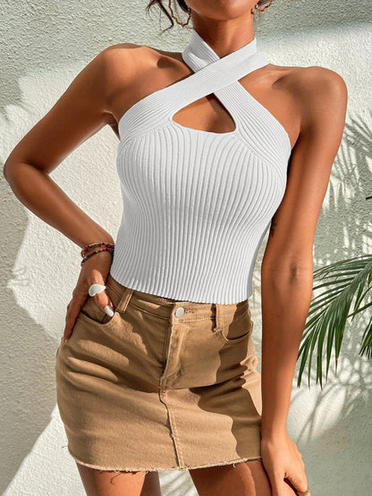 Anny - Rib knit halter top with heart-shaped cross-over