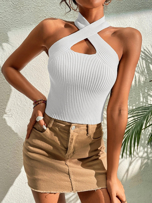 Anny - Rib knit halter top with heart-shaped cross-over