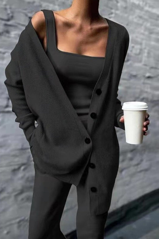 LD Casual Solid Cardigan Vest Pants Square-Collar Long Sleeves Three-Piece Set (3 Colors)