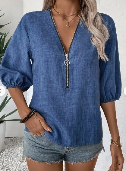 Elizabeth - Elegant women's blouse with deep V-neckline and zip fastening