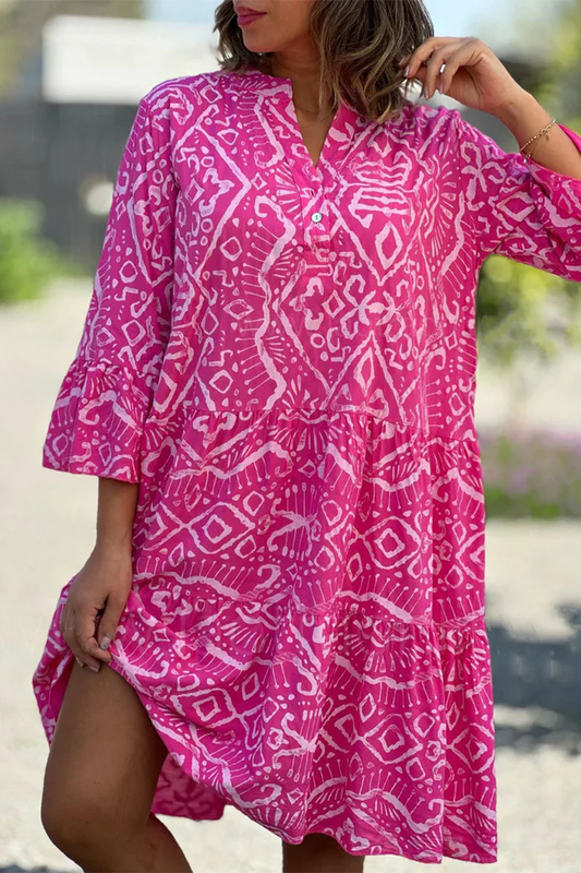 | Eliana - Casual dresses with pretty geometric print and buttons, V-neck and pie skirt