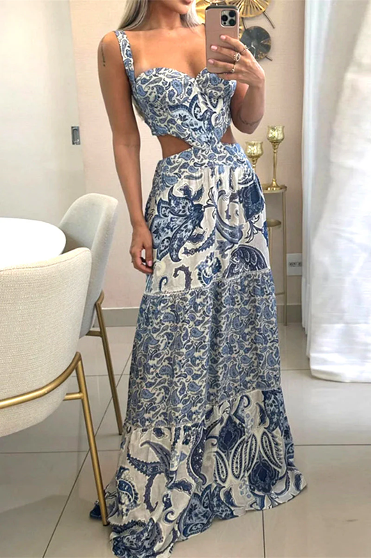 Ottilie - V-neck backless dress with Bohemian print V-neck dresses with print