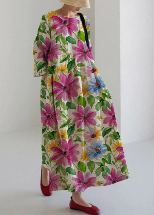 Deniva - Apricot and purple flower Cotton dresses Patchwork pockets Spring