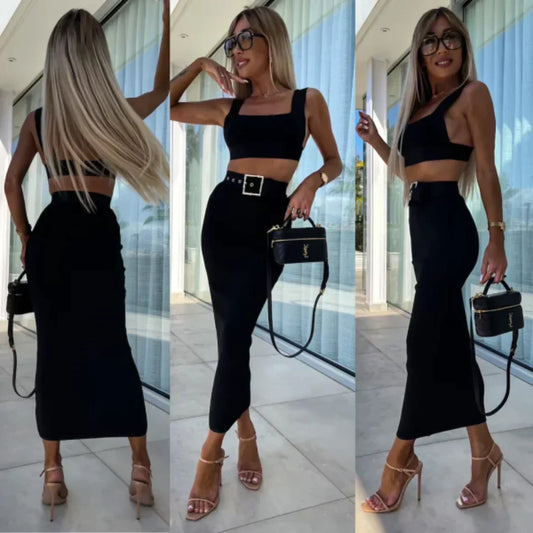 2-Piece Set - Isla - Ribbed Fabric, Elastic Straps, Gold Buckle Belt - Perfect for Modern Occasions