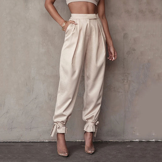 Women's leisure pants with wide leg and bow