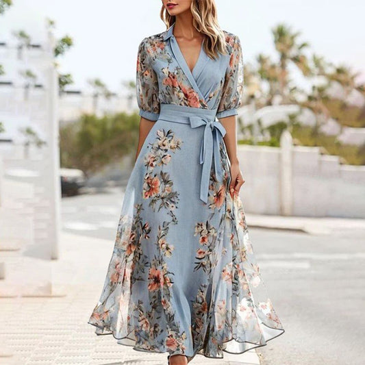 Levine - Blue short-sleeved midi dress with pointed neckline