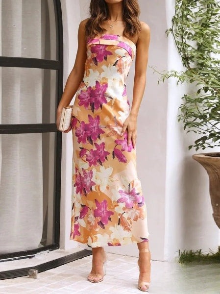 Jenesis - Dresses Floral Print Long Waisted Bandeau Dress