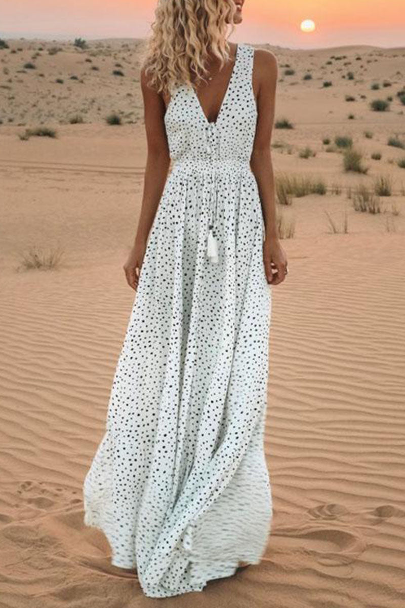 Sariah - V-neck patchwork polka dot bohemian trapeze dresses