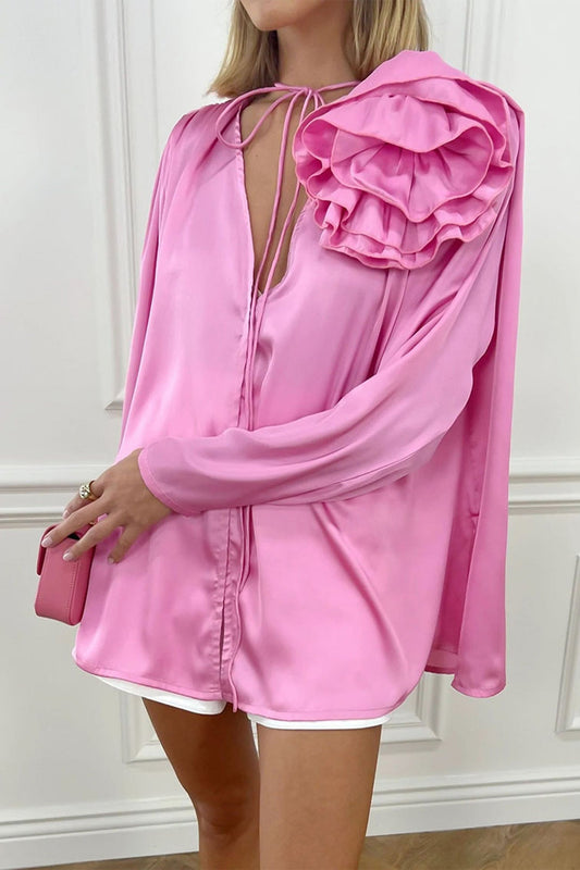 Victoria - Pink V-neck floral lace blouse