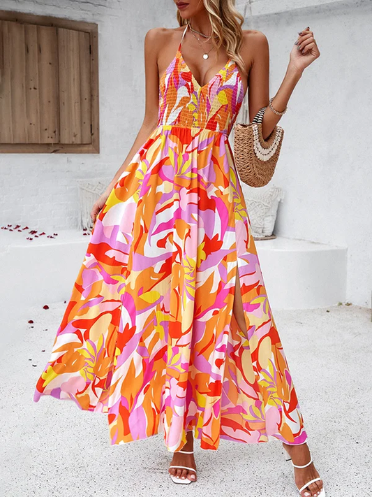 Delanie - Sleeveless, stretchy, pleated, printed maxi dresses with side slit and halter neck with high waist