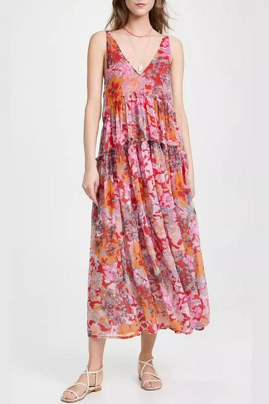 Jianna - Sleeveless casual dresses with pleated floral V-neckline