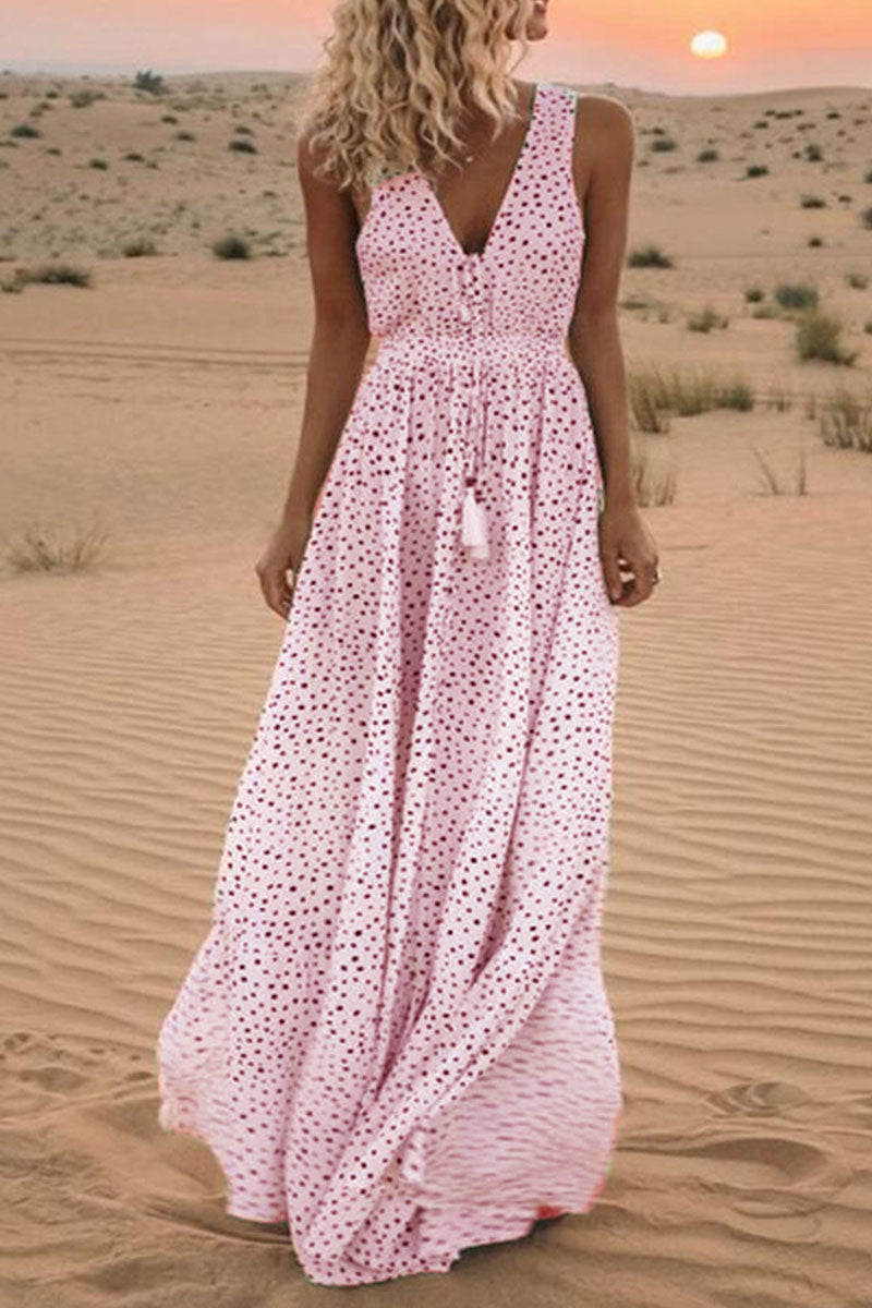 Sariah - V-neck patchwork polka dot bohemian trapeze dresses