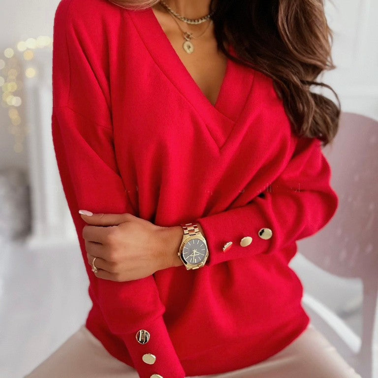 Lix Sweater | Comfortable soft women's V-neck sweater with gold buttons