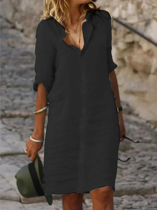 Coco - Chapel Button Half Sleeve Plain Dresses Hermosos